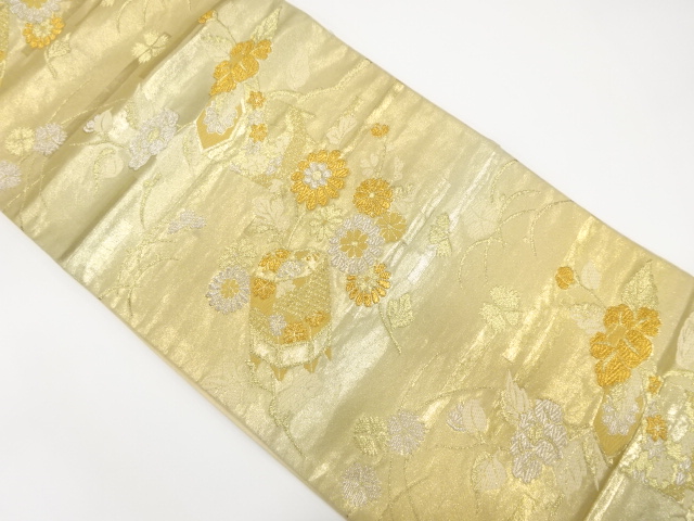 アンティーク　貝桶に花・霞模様織り出し袋帯（材料）